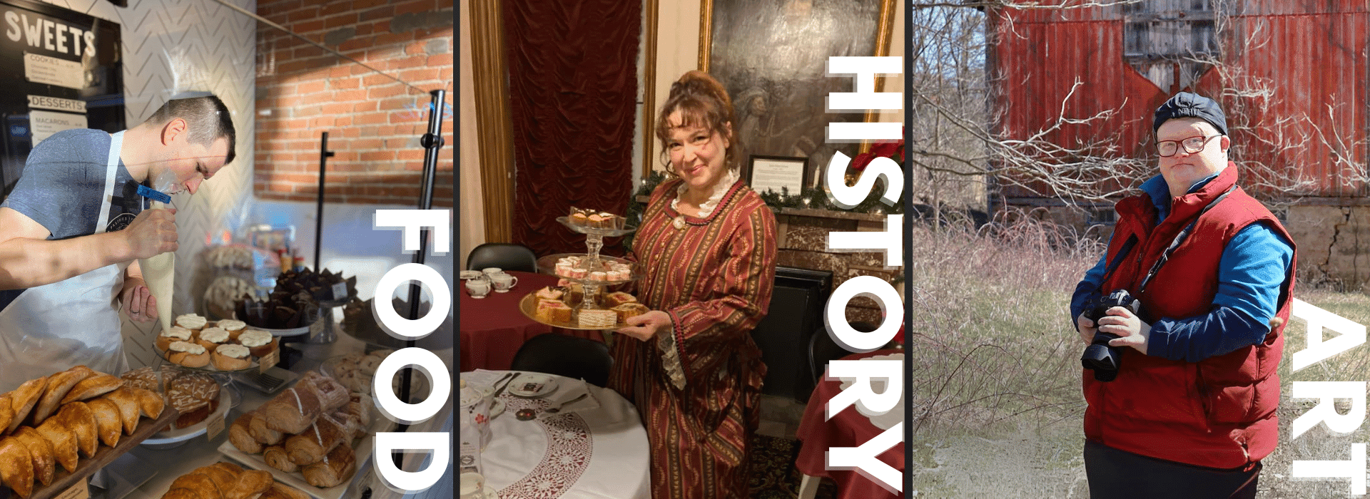 A collage showcasing a baker decorating pastries, a woman in historical attire presenting desserts, and a person outdoors holding a camera.