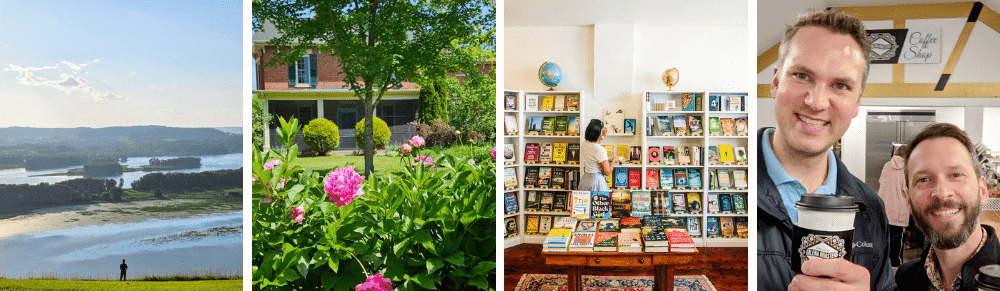A collage featuring a scenic river view, a garden with flowers, a cozy bookstore, and two friends enjoying coffee together.