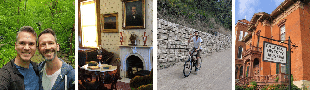 A collage featuring a couple in a forest, an elegant historical interior, a cyclist on a dirt path, and the Galena History Museum sign.