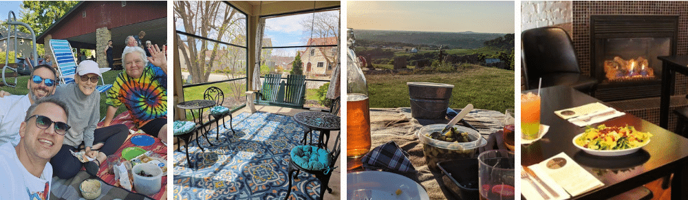 A collage showcasing friends enjoying a picnic, a cozy porch, a scenic sunset dinner, and a warm indoor dining setting.