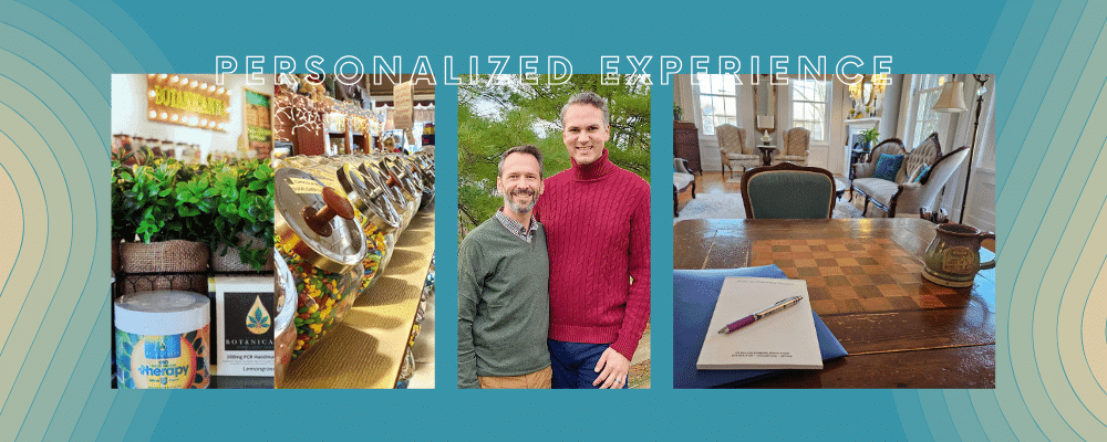 A collage featuring plants, a colorful display, a smiling couple, a cozy seating area, and a table with a clipboard and pen, all under the phrase "Personalized Experience."