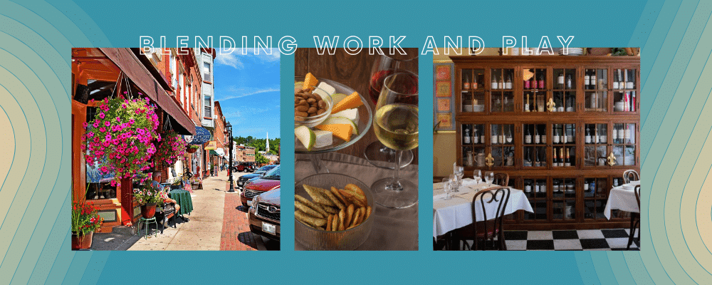 A collage featuring a vibrant street scene with flowers, a wine and snack platter, and a cozy restaurant interior, illustrating the theme "Blending Work and Play."
