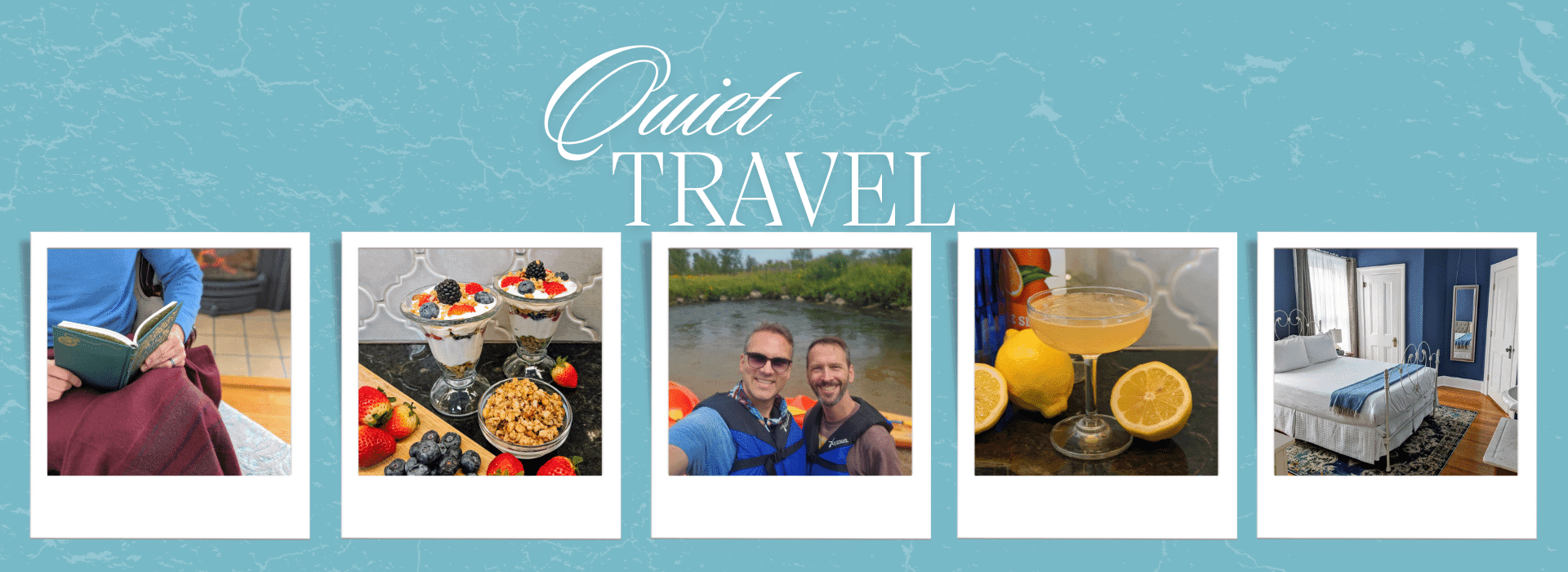 A collage of five images depicting a cozy reading scene, delicious desserts, a scenic outing, a refreshing drink, and a serene bedroom setting, with the text "Quiet Travel" prominently displayed. A collage of five images depicting a cozy reading scene, delicious desserts, a scenic outing, a refreshing drink, and a serene bedroom setting, with the text "Quiet Travel" prominently displayed.