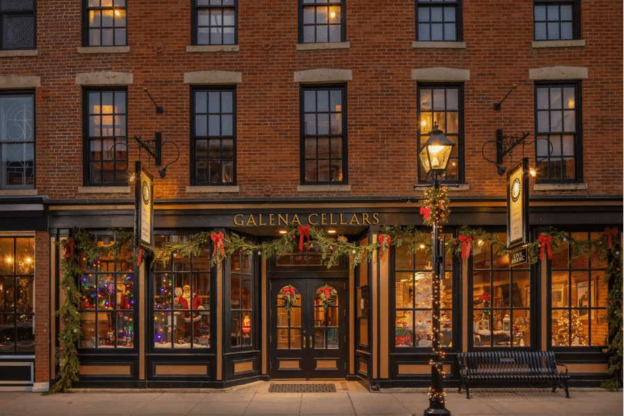 Festively decorated storefront of Galena Cellars with wreaths and holiday lights.