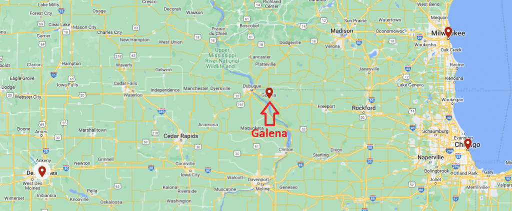 Map highlighting Galena, Illinois, with nearby cities marked.