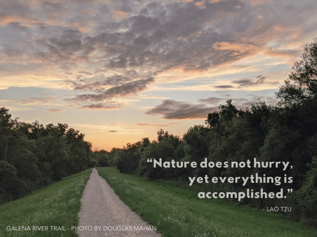 A serene sunset over a trail surrounded by lush greenery, featuring a quote by Lao Tzu.