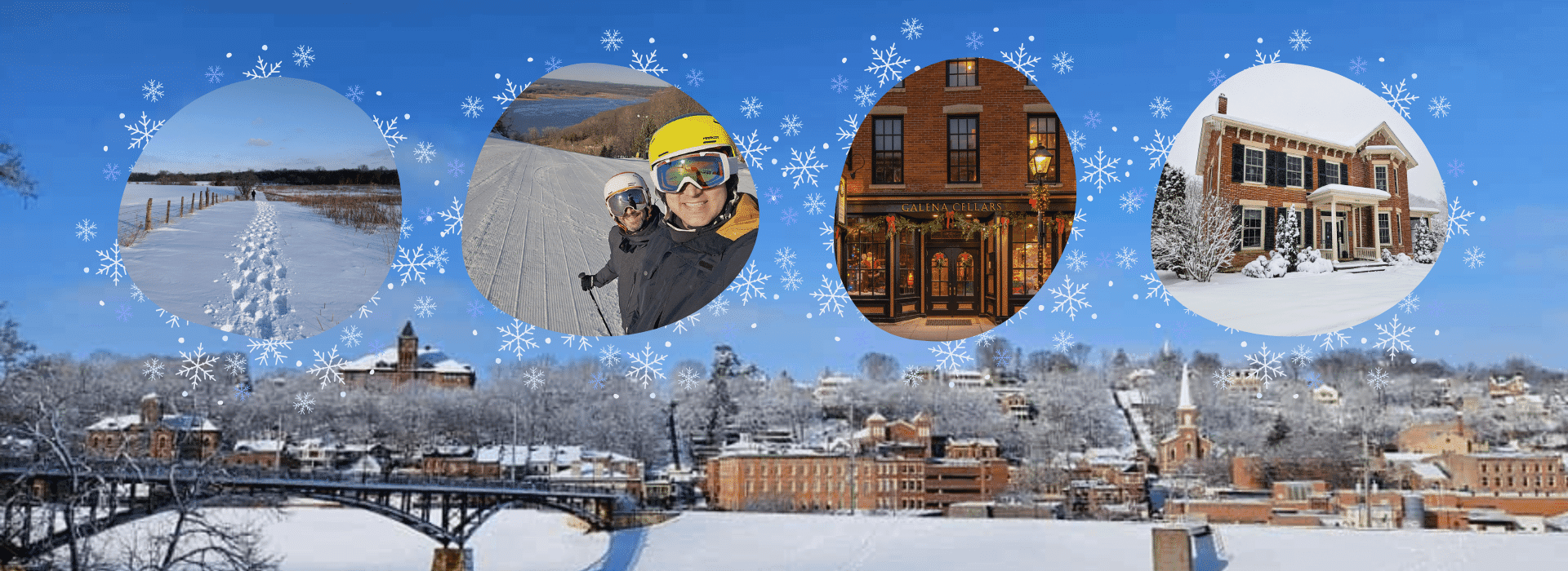 A snowy landscape featuring a scenic town, skiing, and festive winter imagery. A snowy landscape featuring a scenic town, skiing, and festive winter imagery.