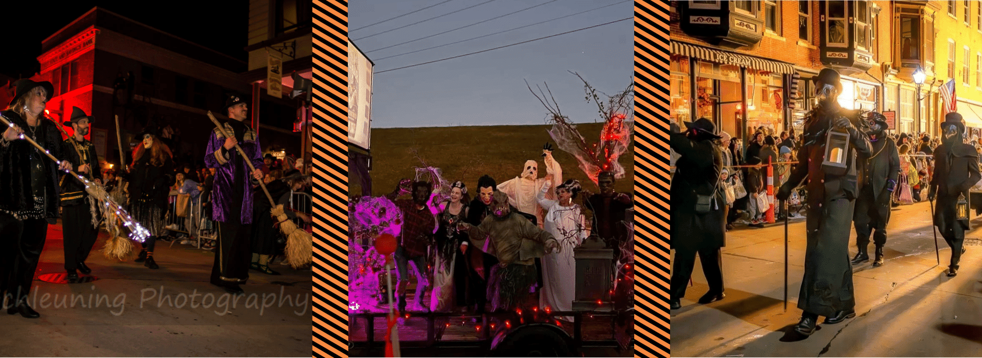 A festive night scene featuring participants in costumes and a decorated float during a Halloween parade. A festive night scene featuring participants in costumes and a decorated float during a Halloween parade.