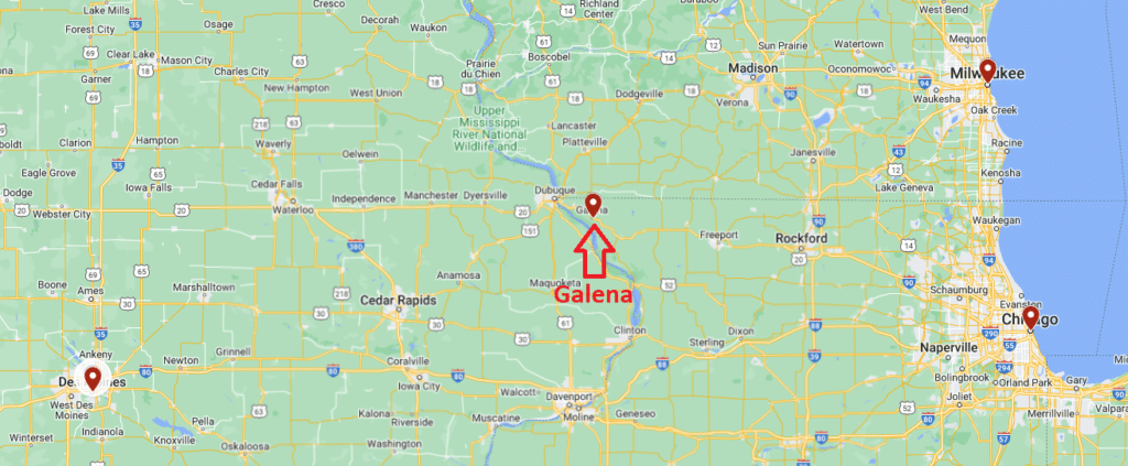 Map showing Galena IL in relation to Chicago IL, Milwaukee WI, and Des Moines IA