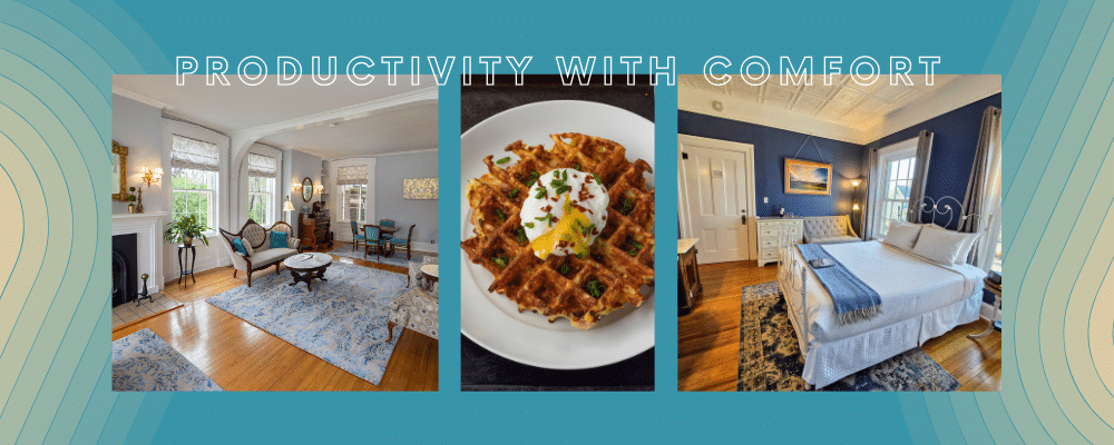 A series of three photos: interior of a mid-1800s parlor with sofa coffee table and chairs, potato waffle with a poached egg, a bedroom with blue walls and crisp white sheets on the bed