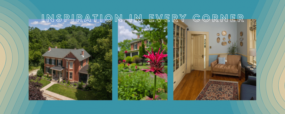 A set of 3 photos: aerial view of a mid-1800s brick house, view of a pink monarda with foliage in the background, interior room lined with glassed in shelves and a sofa