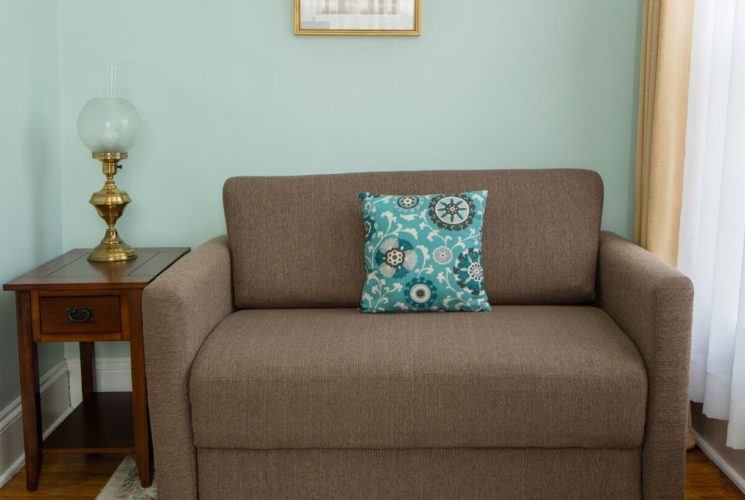 brown loveseat with green art deco pillow, and light green walls