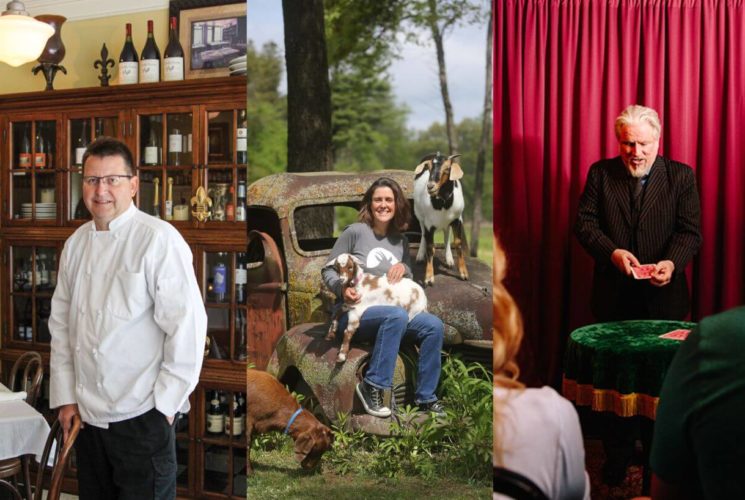 A collage of 3 pictures, one of a man with a white chef's coat and black pants standing by a table and chairs in a restaurant, one with a woman holding a goat and sitting on a vintage rusted truck with goats around her, and one with a man in a black suit in front of a red curtain performing magic with cards.