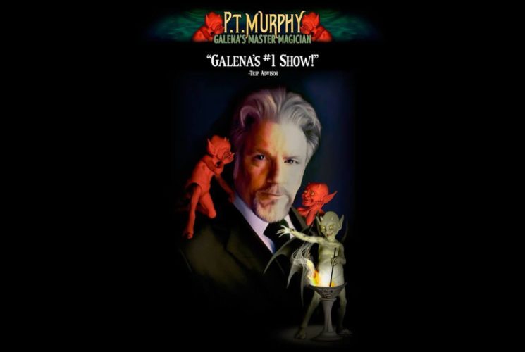 picture with a black background, man with silver hair and bear, dark eyed stare, with devils around him, and a sign above him that says P.T. Murphy Galena's Master Magician with Galena's #1 Show by Trip Advisor.