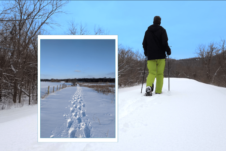 a person in green snow pants and a black winter coat snowshoes through the snow with an inset photo of snowshoe tracks going off into the distance through a prairie